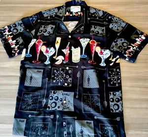 Paradise Found Mens L Shirt Martini Lounge Cocktails Hawaii Rayon Vintage Black - Foto 1 di 11