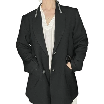 Blazer preto vintage com acabamento prateado anos 90 peito duplo - Imagem 1 de 4