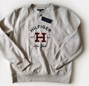 Tommy Hilfiger Mens fleece Pullover Crew Sweatshirt Signatur Logo Size 2XL Beige - Picture 1 of 5