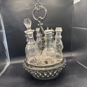 Vintage Castor Cruet Condiment Set Silver Plate Stand with 6 Etched Bottles UV - Picture 1 of 5