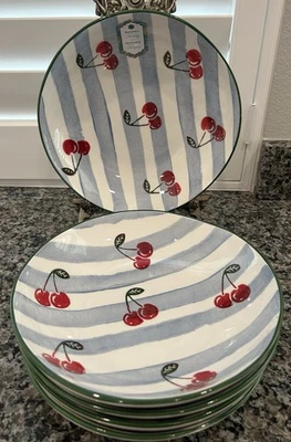 Juego de 5 cuencos para pasta de cena Papart cerámica cerezas rayas azules 9" NUEVO Foto 1 de 4