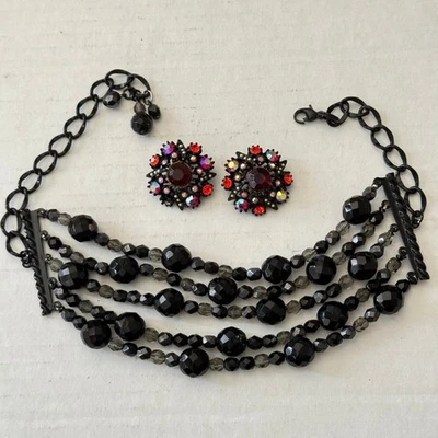 Gargantilla collar clip pendientes vintage de cristal azabache negro conjunto pedrería roja   Foto 1 de 4