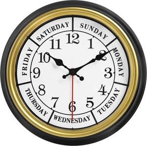 (Gold ) 45MinST 12” Wall Clock, Silent Day & Week Calendar Battery Operated - Picture 1 of 12