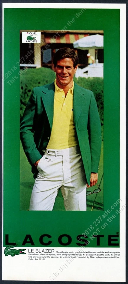 Izod Lacoste 1978 camisa de cocodrilo verde blazer foto de moda anuncio impreso vintage Foto 1 de 1