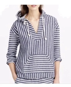 J. CREW Baja Hoodie Pullover Size XL Blue White Striped Woven Boho Coastal Beach - Picture 1 of 9