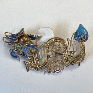 Vintage seltene chinesische filigrane Anstecknadel goldgewaschen Silber Drache blaue Emaille - Bild 1 von 14
