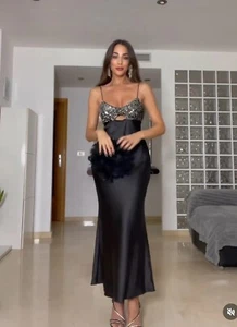 Abito lungo Zara nero contrasto paillettes slip taglia M ref 8741/269 - Foto 1 di 12