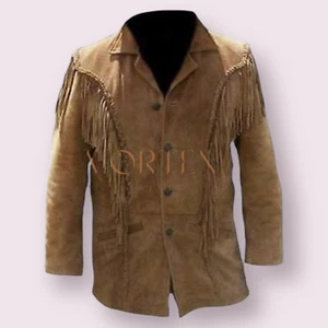 Men Western Cowboy Suede Fringe Jacket Native American Fringe Leather Jacket - Picture 1 of 4
