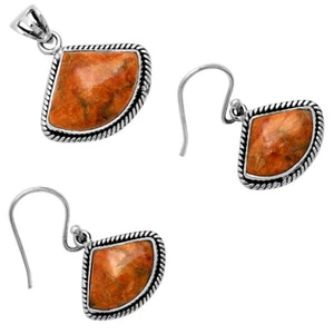 Natural Red Sponge Coral 925 Sterling Silver Pendant Earrings Jewelry Set T-1005 - Picture 1 of 8
