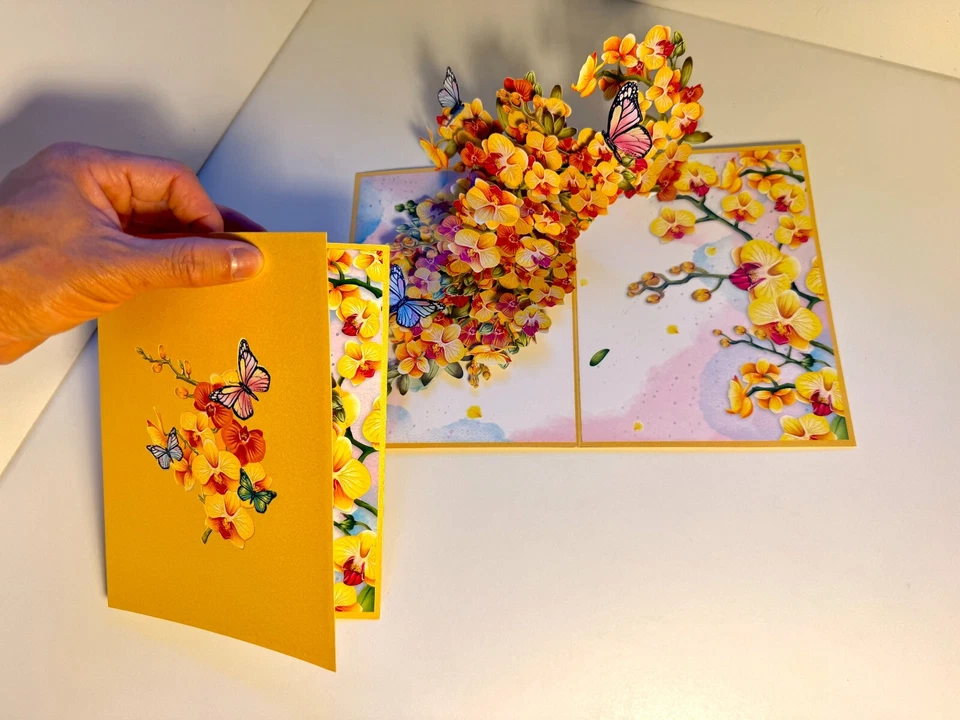 ORIGAMI POP CARDS Yellow Orchid Garden with Butterflies Happy Anniversary Pop Up — 第 1/4 张图片