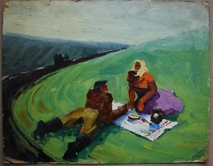 Ukrainian Soviet Oil Painting realism tractor operator lunch girl rest - Picture 1 of 5