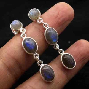 Labradorite Oval Charm Earring-925 Sterling Silver Designer Drop &Dangle Jewelry - Picture 1 of 7