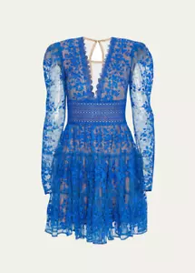 BRONX AND BANCO Megan Floral-Embroidered Lace Mini Dress Cobalt Medium NWT - Picture 1 of 4