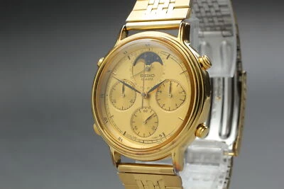 [Exc+5] SEIKO Moon Phase 7A48-702A Gold Chronograph Quartz Men's From JAPAN W456 - image 1 of 4