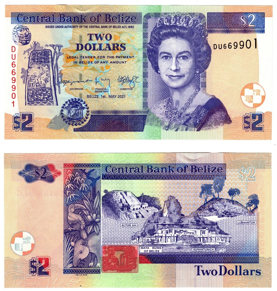 Billete de 2 dólares P66 de Belice 2021 sin circular nueva fecha/firma Foto 1 de 1