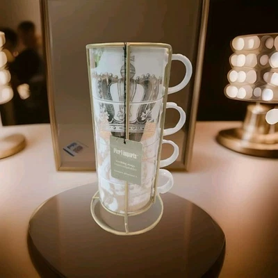 Pier 1 Imports Stackable Mugs Gold Crown Set of 4 Rack Cups Vintage Original Tag - Image 1 of 4