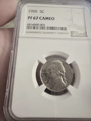 1959 Jefferson Nickel 5C NGC Poof 67 graded amazing cameo coin  - Image 1 of 4