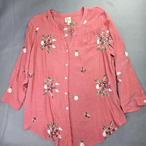 Fig and Flower Blouse Womens 3X Pink Embroidered Floral Button Up Top Boho Rayon - Picture 1 of 13