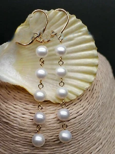 round natural AAA 7-8 mm South Sea White Pearl Dangle Earrings 14K YELLOW GOLD - Picture 1 of 2