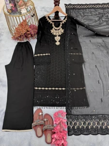 TUTA PALAZZO DESIGNER NERA FINTA GEORGETTE CON DUPATTA PER FUNZIONE - Foto 1 di 14
