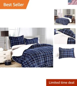 Luxury Plaid Micro-Suede Reversible Comforter Set - Full/Queen Size in Navy Blue - Picture 1 of 11