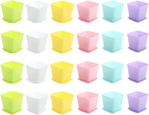 24 Pack 3 Inch Plastic Flower Pots Square Plastic Plant Pots with Saucers - Picture 1 of 12
