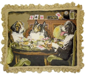Wool Needlepoint Pillow Kash Coolidge Dogs Playing Poker "Post Mortem" 18x22 - Picture 1 of 2