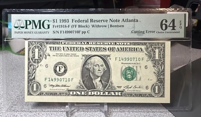 1993  $1 FEDERAL RESERVE NOTE ( ATLANTA “F”) 《Cutting Error》PMG 64 EPQ - Image 1 of 4