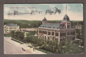 1908 OGDEN, UTAH used POSTCARD ~ Library and CITY HALL ~ Spargo's Book Store - Picture 1 of 2