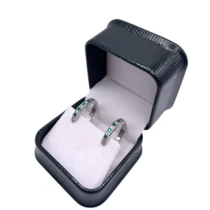 White Gold Finish Huggies Hoop Green Emerald and Created Diamond earrings - Picture 1 of 5