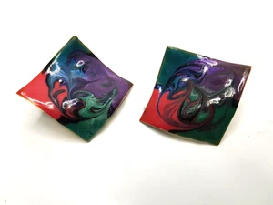 Vintage Hip Hop 80/90s Square Rainbow Enamel Gold Tone Stud Earrings 1.5" - Picture 1 of 5