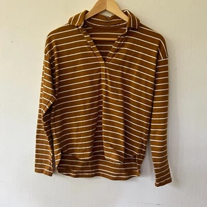 Garnet Hill Top Womens XS Striped Brown Cream Collared V-neck Minimalist - Picture 1 of 6