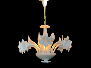 Vintage Chandelier Murano White Glass Calla Lily Floral Lighting LED Bas - Picture 1 of 10