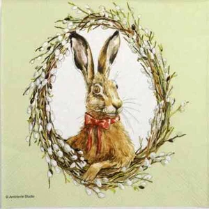 4 servilletas de papel para decoupage y fiesta - retrato de conejo de Pascua verde - Imagen 1 de 2