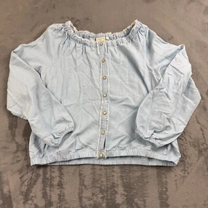 Spartina 449 Womens Top Size L Button Fringe Chambray Beachy Coastal Puff Sleeve - Picture 1 of 10