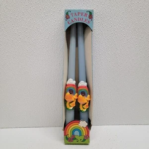 Vintage 12" Pair Blue Taper Candles Rainbow Mushroom Ladybug Design - Picture 1 of 11