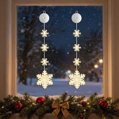 2 Pack Snowflake Window Lights Battery, Timer, Suction Cup, 3 Modes, Warm White - Image 1 of 4