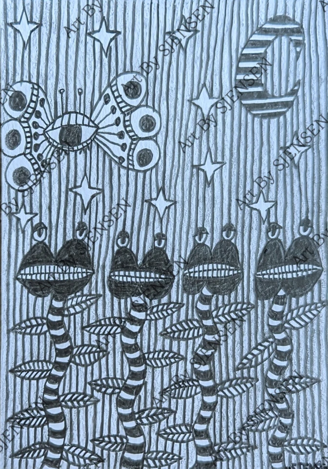 Original ACEO ATC Graphite Drawing Surreal Outsider Naive Mini Artwork Signed  - Image 1 of 1