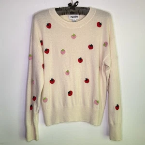 Filoro Cashmere Sweater L Cream Embroidered Fruit Pullover Jumper Strawberry - Picture 1 of 9