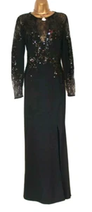 Lipsy Black Sequin Maxi Dress 10 Long Sleeve Slit Evening Party Occasion Prom - Picture 1 of 15