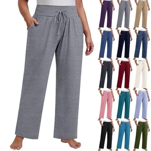 Women's Solid Color Plus Size Wide Leg Yoga Pants Loose Drawstring Sports - Picture 1 of 57