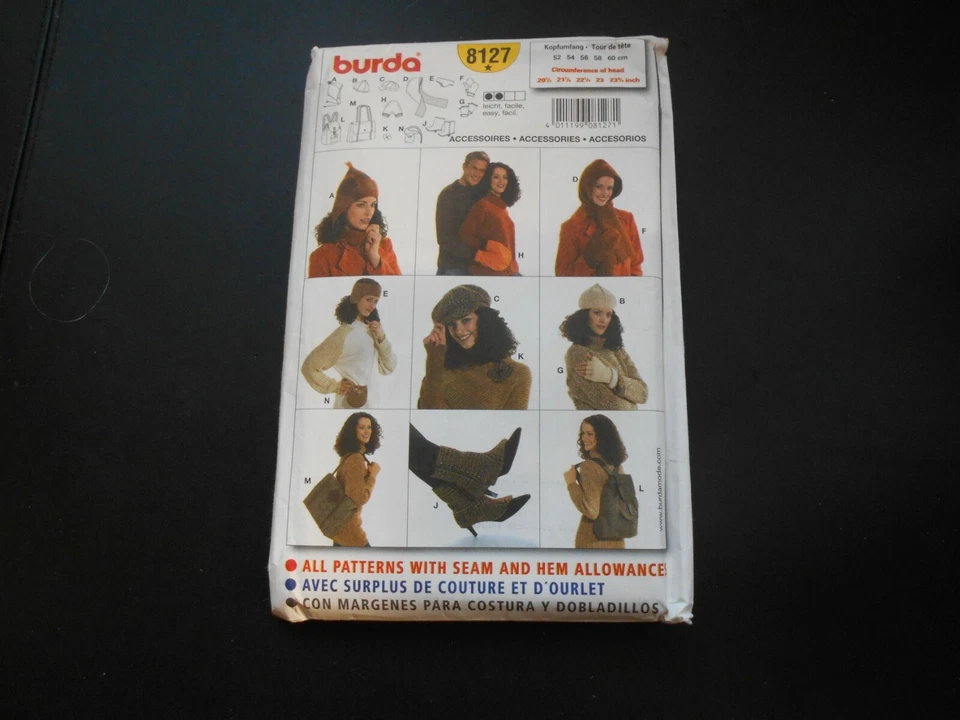 Burda A 8127 Accessories Hats Mittens Purses Overshoes Pattern Head 201/2-23 14" - Image 1 of 2