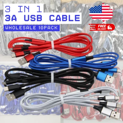 10X Lot 3A Fast USB Charge Cable 3 In 1 Charger Cord For iPhone USB-C Micro USB - Image 1 of 4