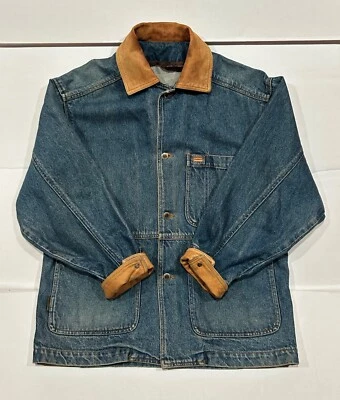 Vtg Timberland Weathergear Denim Chore Jacket Men XS Relaxed Unlined LeatherREAD - Image 1 of 4