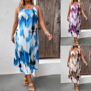 Womens Strappy Dress Tie Dye Strappy Slip Dress Summer Beach Holiday Sundress - Picture 1 of 25