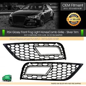 RS4 Style Audi Honeycomb Hex FogLight Mesh Vent Grille Silver Gloss Black A4 B9 - Picture 1 of 5