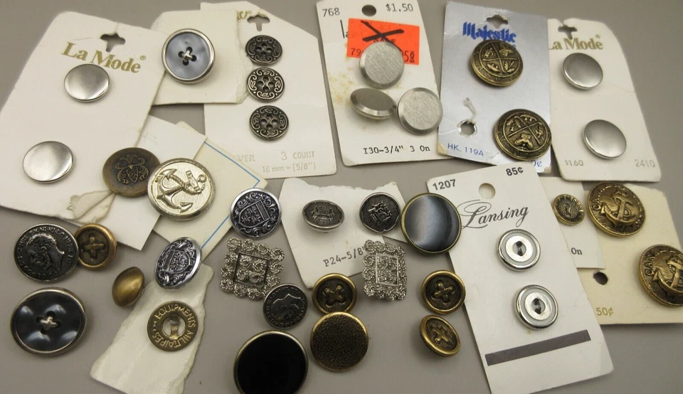 NOS VINTAGE Lot of (38) 1/2" METAL BUTTON Shank Flat Silver Antique Gold - Image 1 of 4