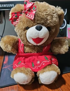 Snowflake Teddy Bear Girl Plush 2021 Christmas Red Jumper Bow 13” Stuffed Animal - Picture 1 of 3