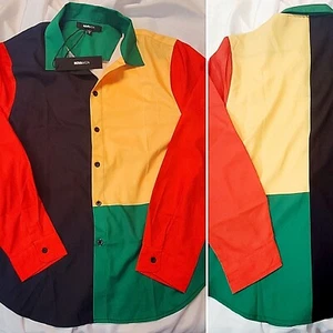 NOVA MEN TONES BLOCK LS WOVEN TOP GREEN/COMBO BUTTON UP 100% POLYESTER MED NWT - Picture 1 of 7