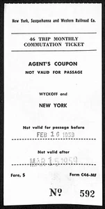 Billete mensual de 46 viajes 1959 de Nueva York, Susquehanna y Western Railroad #592 - Imagen 1 de 2